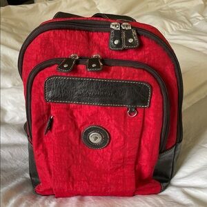 Moufion | Red | Nylon Backpack |Brown Faux Leather Trim | Mini |Adjustable Strap